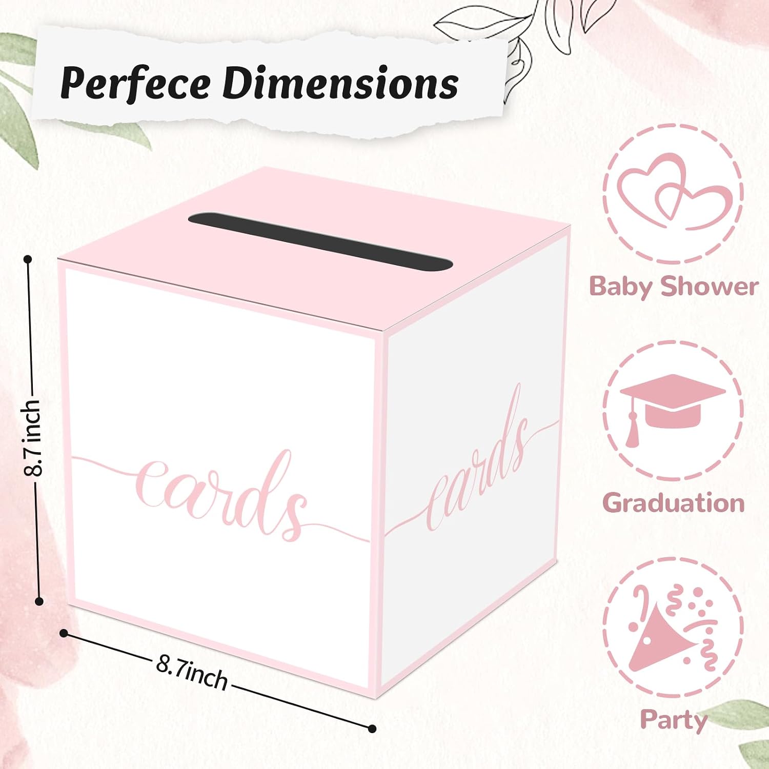 Pink Card Box for Party; Box for Cards with Pink Trim; Ballot Box for Baby Shower, Gender Reveal Party, Wedding, Bridal Shower, Birthday; Envelope Boxes for Party