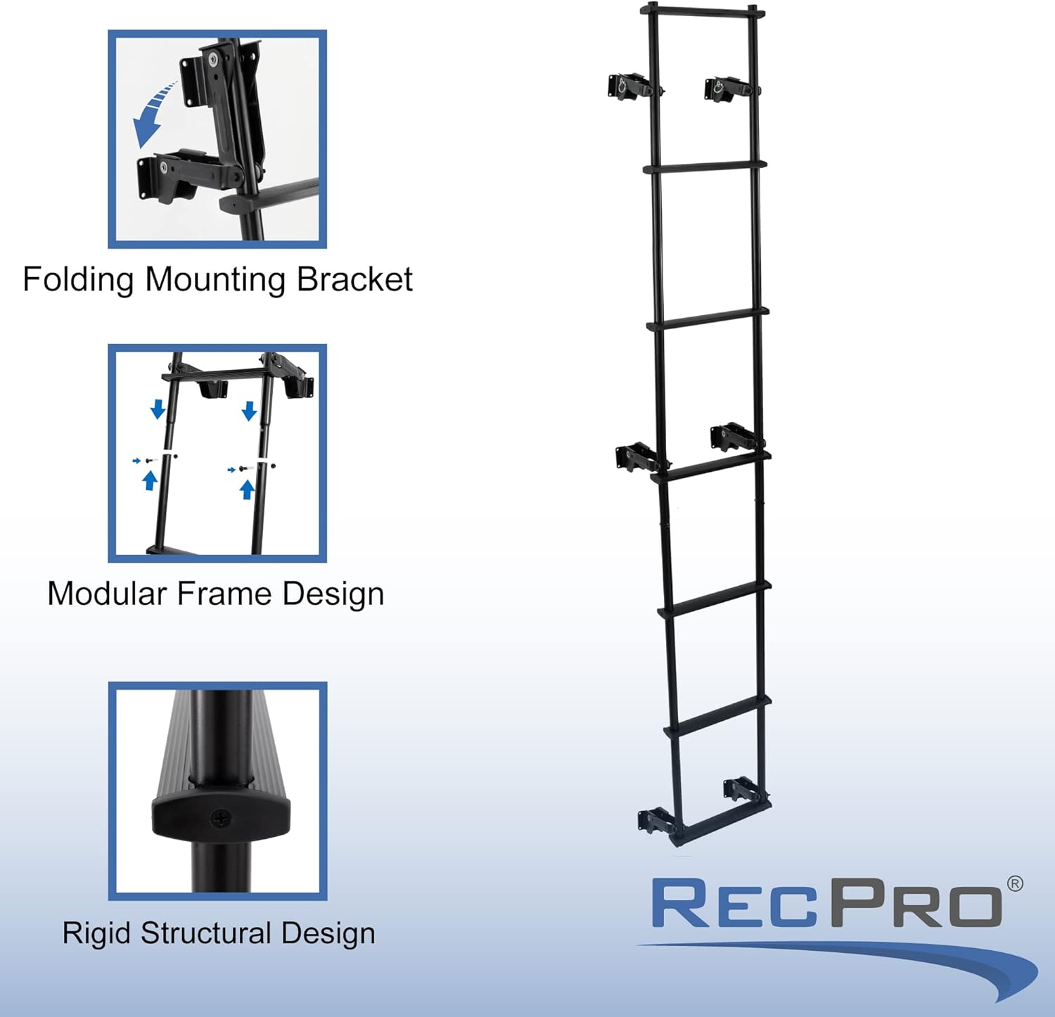 RecPro RV Toy Hauler Low Profile Universal 90.5" Collapsible Ladder with Hinges (Black)