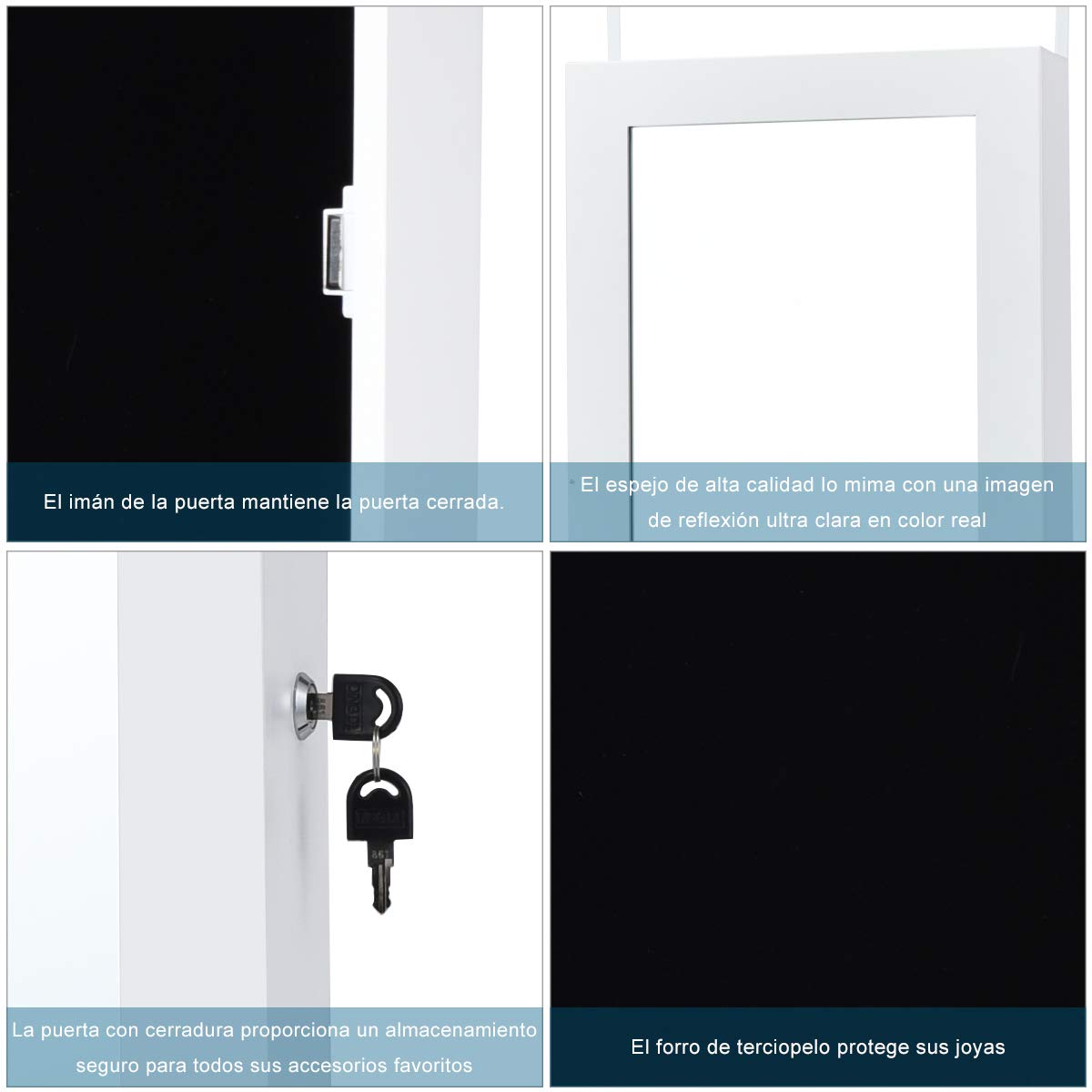 COSTWAY Armario para Joyas Espejo Joyero con 15 Luces LED Espejo de Joyería de Puerta y Pared Organizador para Anillos Cadena y Pendientes