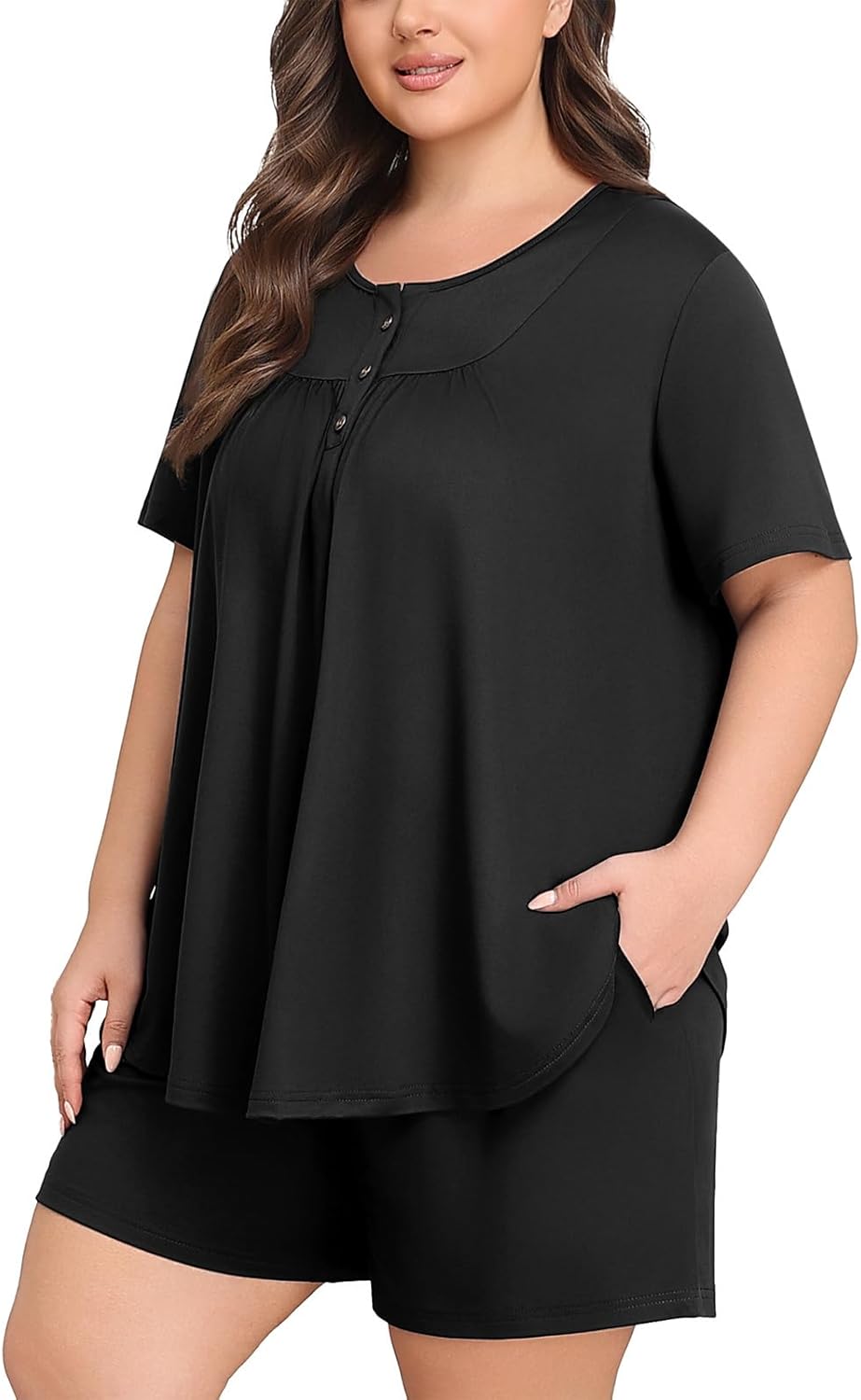 Lastshe Plus Size Pajama Set for Women Summer Short Sleeve Shorts Henley Neck Pjs 2 Piece Lounge Set with Pockets Sleepwear - Image 2