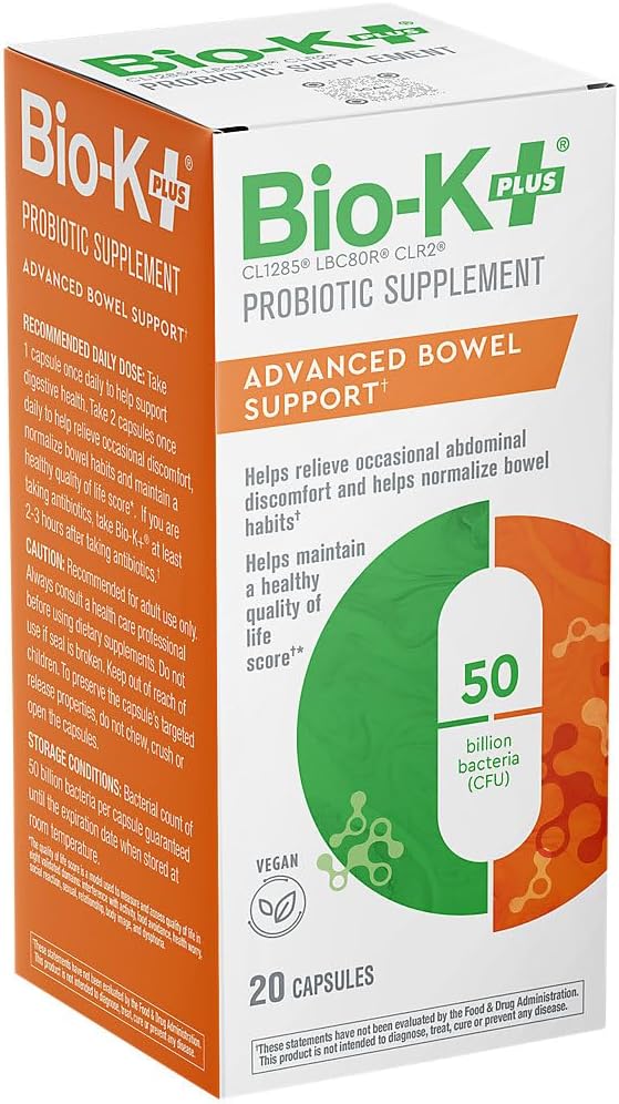 Bio-K+ Advanced Bowel Probiotic, 50B CFU, FODMAP Friendly, Vegan, 20 Caps | 3 proprietary strains, supports digestive health, FODMAP-friendly, delayed-release, vegan, gluten-free, Non-GMO, shelf-stable