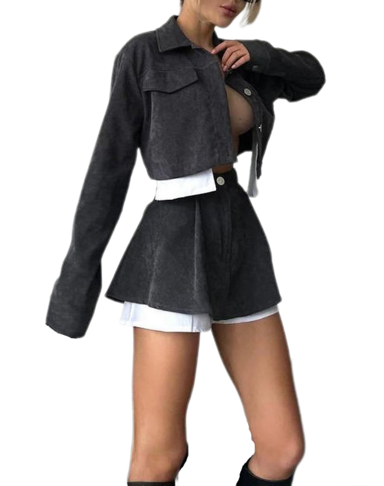 ksotutm Two Piece Sets for Women Cropped Jacket and Mini Skirt Set Fall Fashion Outfits 2024
