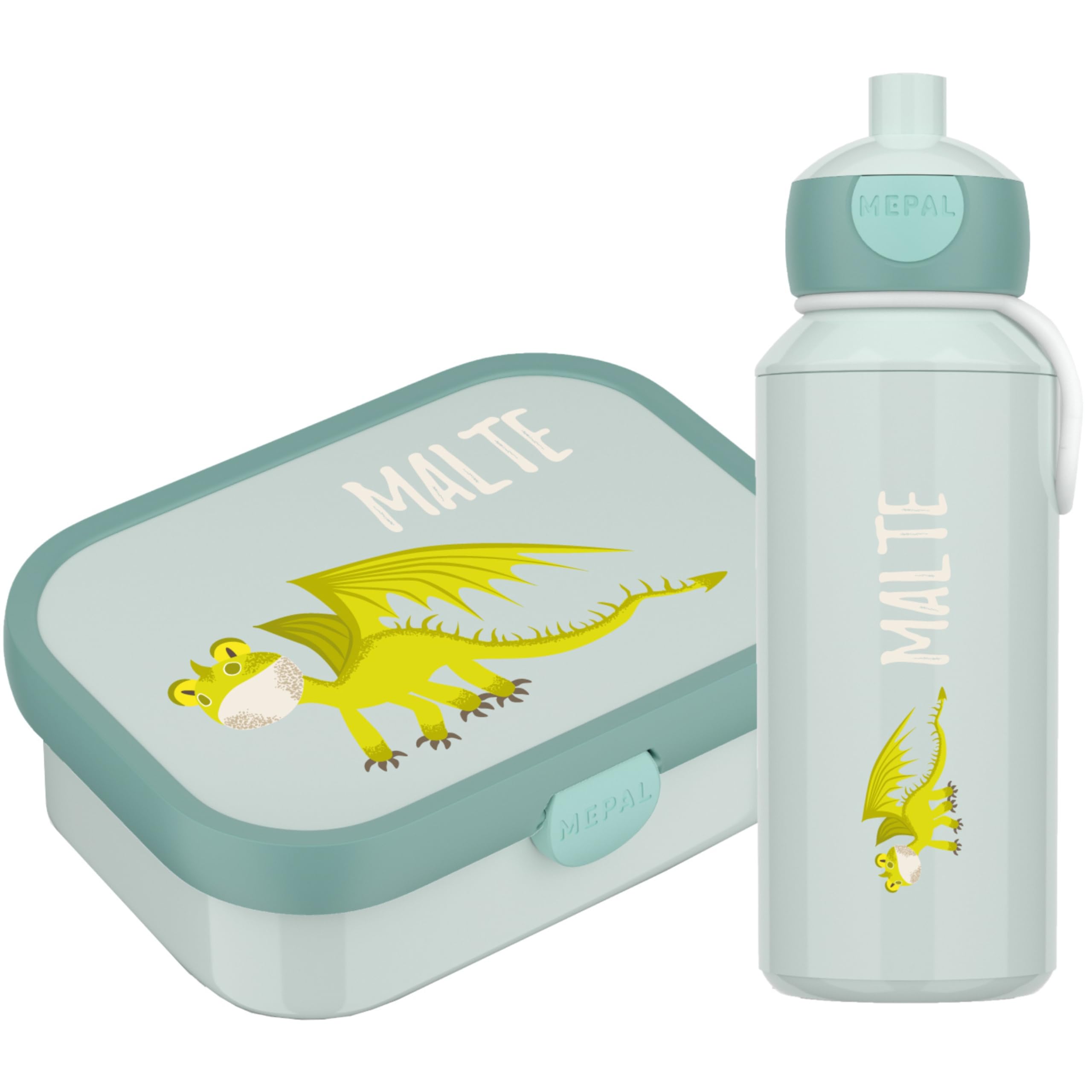 4youDesign SET: türkise Brotdose mit Fächern & Trinkflasche -Drache- personalisiert mit Namen I Geschenkidee für Jungen & Mädchen I Schule & Kindergarten (Cool Mint)