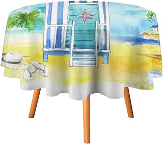 Cartoon Beach House Surfboard Round Table Cloth,Watercolor Summer Starfish Palm Tree Paint Theme Polyester Dining Tablecloths Decor Decoration 70"