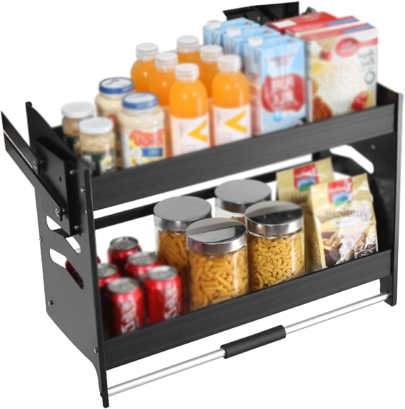 Pull Down Shelving,Upper and Lower Buffer High Cabinet Open Door Seasoning Basket,2-Tier Pull-Out Shelf for Home Cafe(400mm)