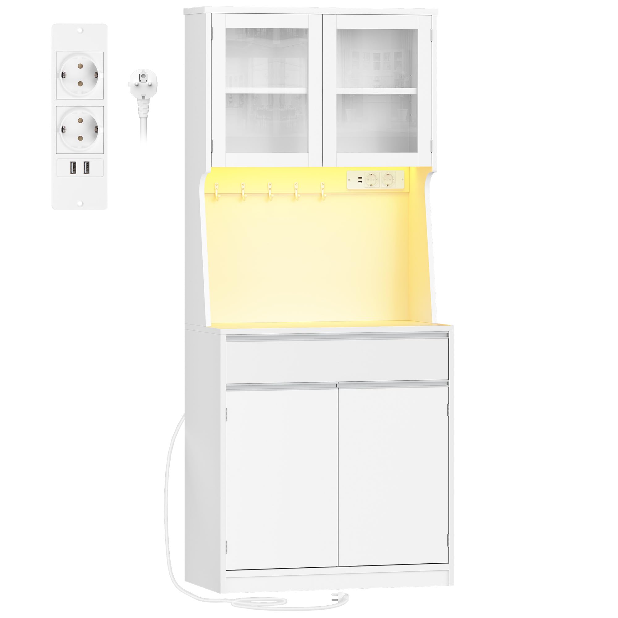 Hzuaneri Aparador Cocina, Armario de Cocina, Armario de Almacenamiento, con Regleta de Enchufes y Tira de Luz LED, Encimera y 4 Armarios de Almacenaje, Estantes Regulables, 40x75x180cm, Blanco