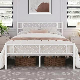 Full Size Metal Bed Frame 75x56 Inch Black Heavy Duty Steel Platform Bed with Headboard & Footboard, Reinforced Slats Iron Bed with Underbed Storage, 750 lbs Capacity (1, White, Full XL)