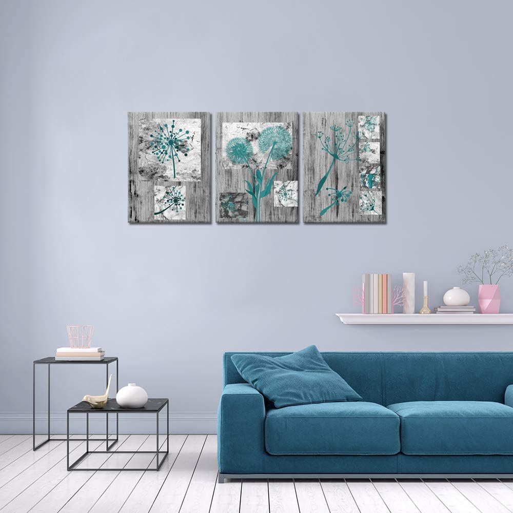 Visual Art Decor Teal Dandelion Flower Painting Rustic Farmhouse Decor Framed Canvas Wall Art Ready to Hang Teal Bathroom Decor 12inchx16inchx3 Pieces