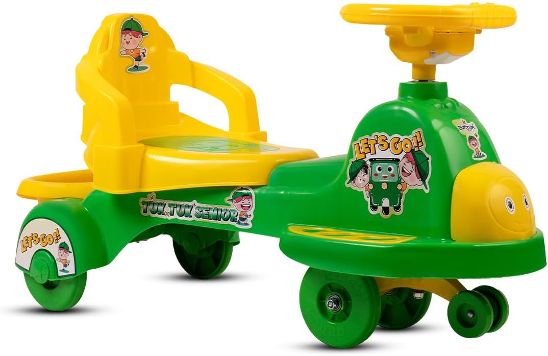 Baby Swing Car Tuk-Tuk Ride On Toy with Music, Sound, Lights, Backrest & Comfortable Seat for Kids | 1-5 Year Old (Green)