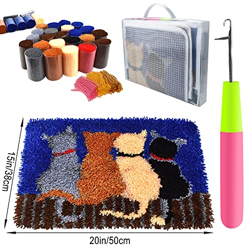 Finphoon Latch Hook Kits for Adults, DIY Cat Latch Hook Rug Kit for Kids Beginner, 20 * 15in Colorful Print Carpet Crochet Yarn Embroidery Decoration - Thumbnail 2