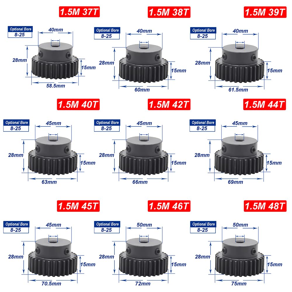 Bearings Replacement 1pcs 1.5M 37/38/39/40/42/44/45/46/48/50/60/65/70/80T Teeth Module Mod Pinion Fixed Spur Gear Motor Transmission Metal Gears 45# Steel(19mm,80 Teeth)