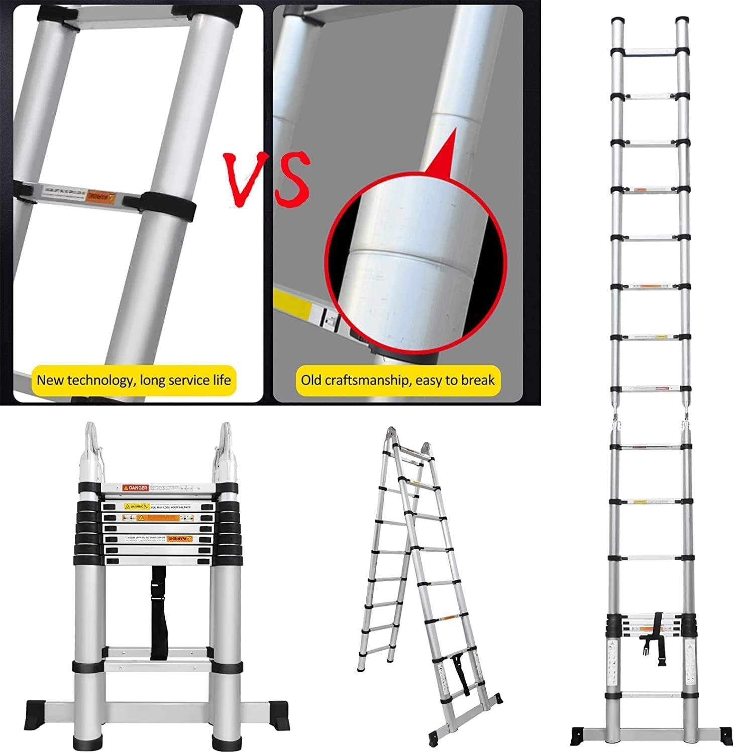 5 m Lange Teleskopleiter, Doppelzweck, Metall, leichte Teleskopleiter mit Stabilisator, kompakte Trittleiter, 150 kg Tragkraft (2,5 m + 2,5 m)