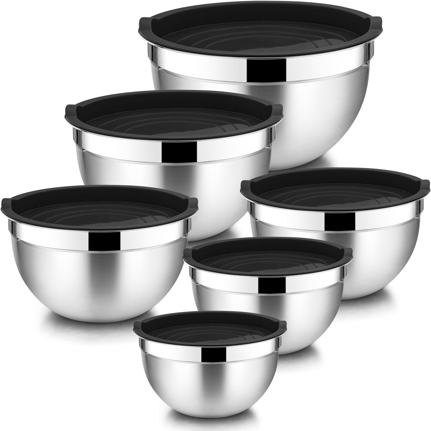 Walchoice Mixing Bowls with Lid Set of 6, Stainless Steel Metal Nesting Bowls for Cooking, Baking, Preparing, Serving, Size 4.5/3/2.5/1.5/1/0.7 QT - Black