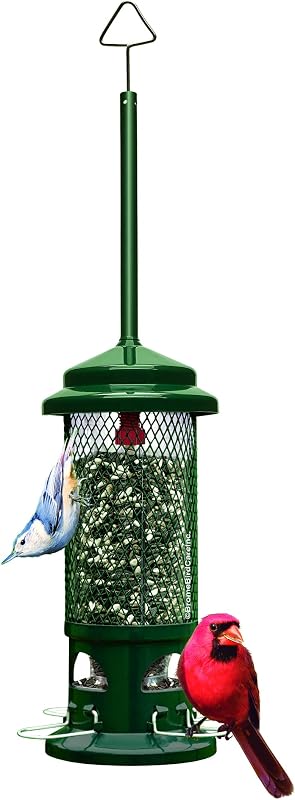 Squirrel Buster Comedero para pájaros estándar a prueba de ardillas con 4 perchas de metal, capacidad de semillas de 1,3 libras, verde jardín | Cuatro perchas de metal, cierre accionado por peso, diseño a prueba de mordeduras, fácil limpieza