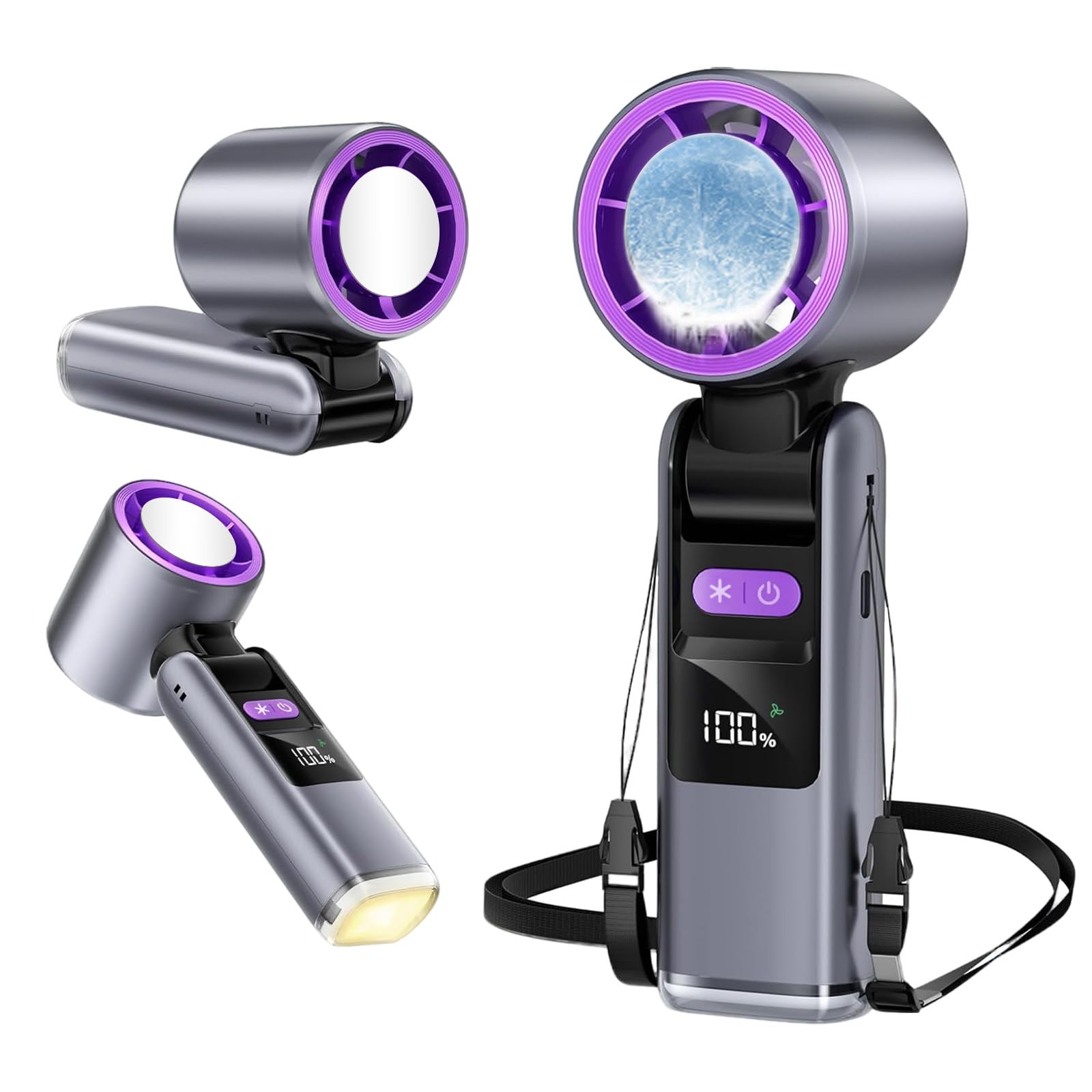 LETOUR Handheld Fan with Ice Cooler, Portable USB Rechargeable Turbo Fans, Personal Mini Electric Handheld Fan 5 Speeds Led Display Foldable Small Fans with Lamp for Home Office Travel Camping