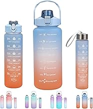 زجاجة مياه بعبارات تحفيزية مع ماصة 3 قطع، زجاجات شرب كبيرة مانعة للتسرب وخالية من مادة بيسفينول أ للرياضة وصالة الألعاب الرياضية والسفر، 2 لتر/1.6 لتر/ 946 مل/473 مل (أزرق متدرج)