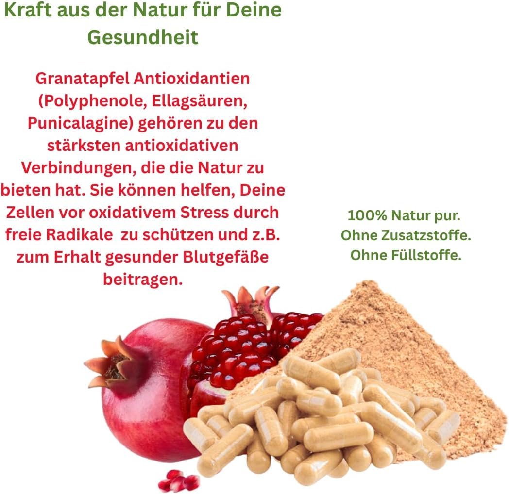 GRANATAPFEL Antioxidans + Ellagsäuren + MultiVitamin + MultiMineral für Durchblutung + Wechseljahre + Hitzewallungen - 540 (3x180) Pulver Kapseln - Natur pur - OHNE ZUSATZSTOFFE. 27050-5