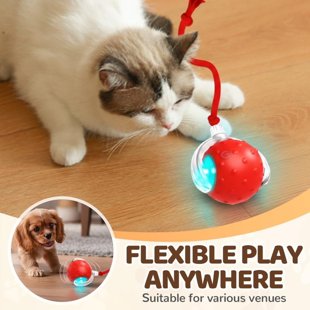 Interactive Fast Moving Toys Balls with Birdsong, 2026 New 360° Smart Automatic Rolling Electric Dog Ball Toy with Rope for Dogs and Cat Indoor Play (2Pcs Red)