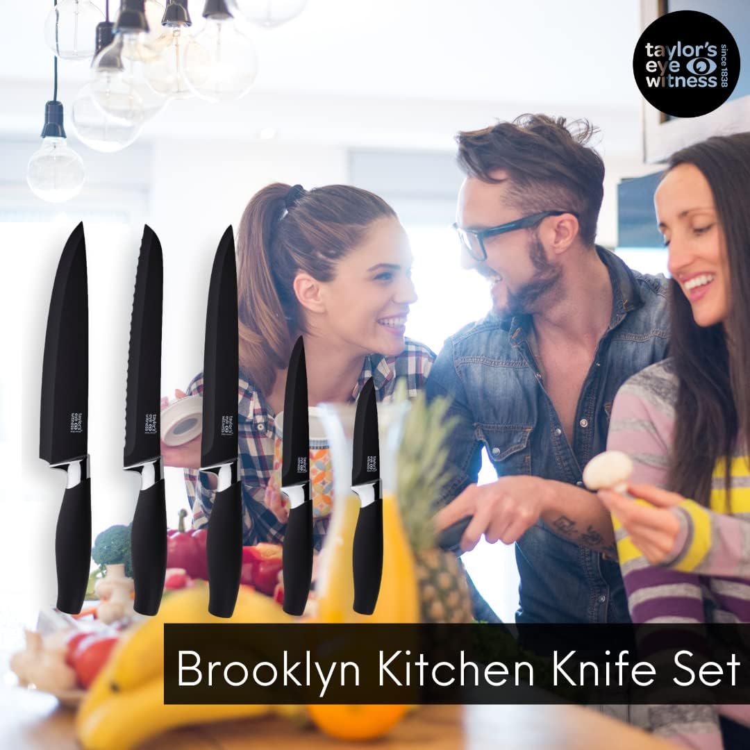 Taylors Eye Witness 5pc Kitchen Knife Gift Set - Brooklyn Chrome Coloured Bolsters, Matching Razor Sharp Jet Black Blades. Soft Grip Handles. 2yr Peace of Mind. Extra Sharpener for Knives