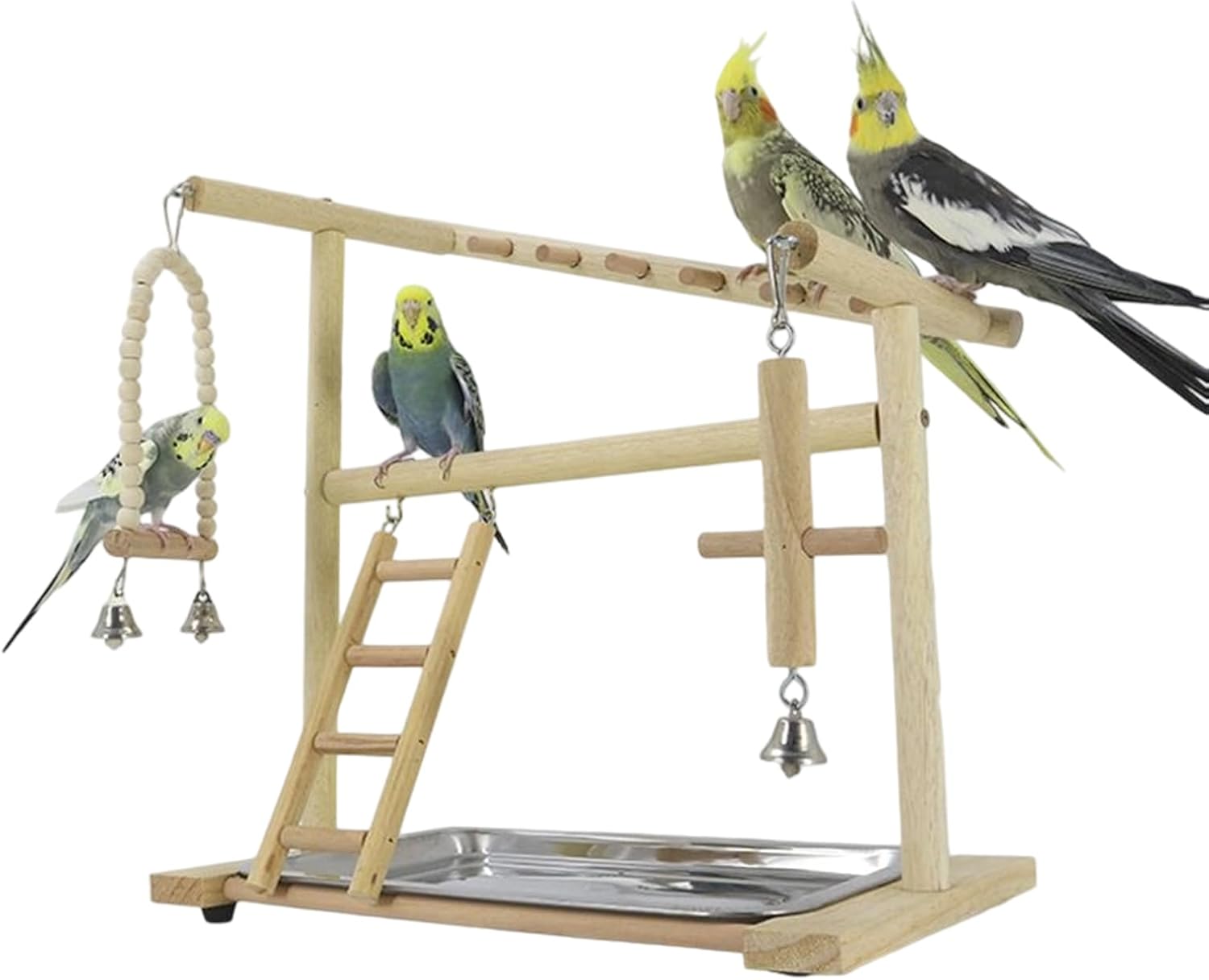 Bird Play Stand, with Natural Behavior Stimulation, 39.5x36.7x23cm, Wooden Swing Ladder, Parakeet Activity Center, Wooden Construction, for Standing, Chewing, Climbing, Grinding, Indoor Cage