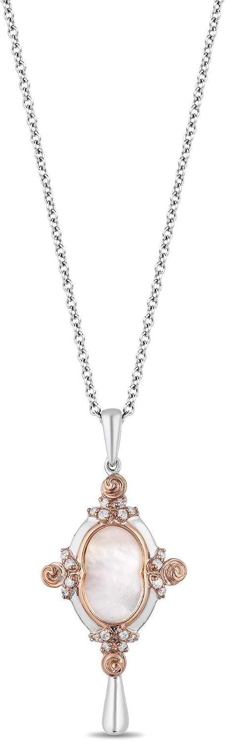 Jewelili Enchanted Disney Fine Jewelry 14K Rose Gold Over Sterling Silver with 1/10 CTTW Diamond and Mother of Pearl Belle Mirror Pendant Necklace