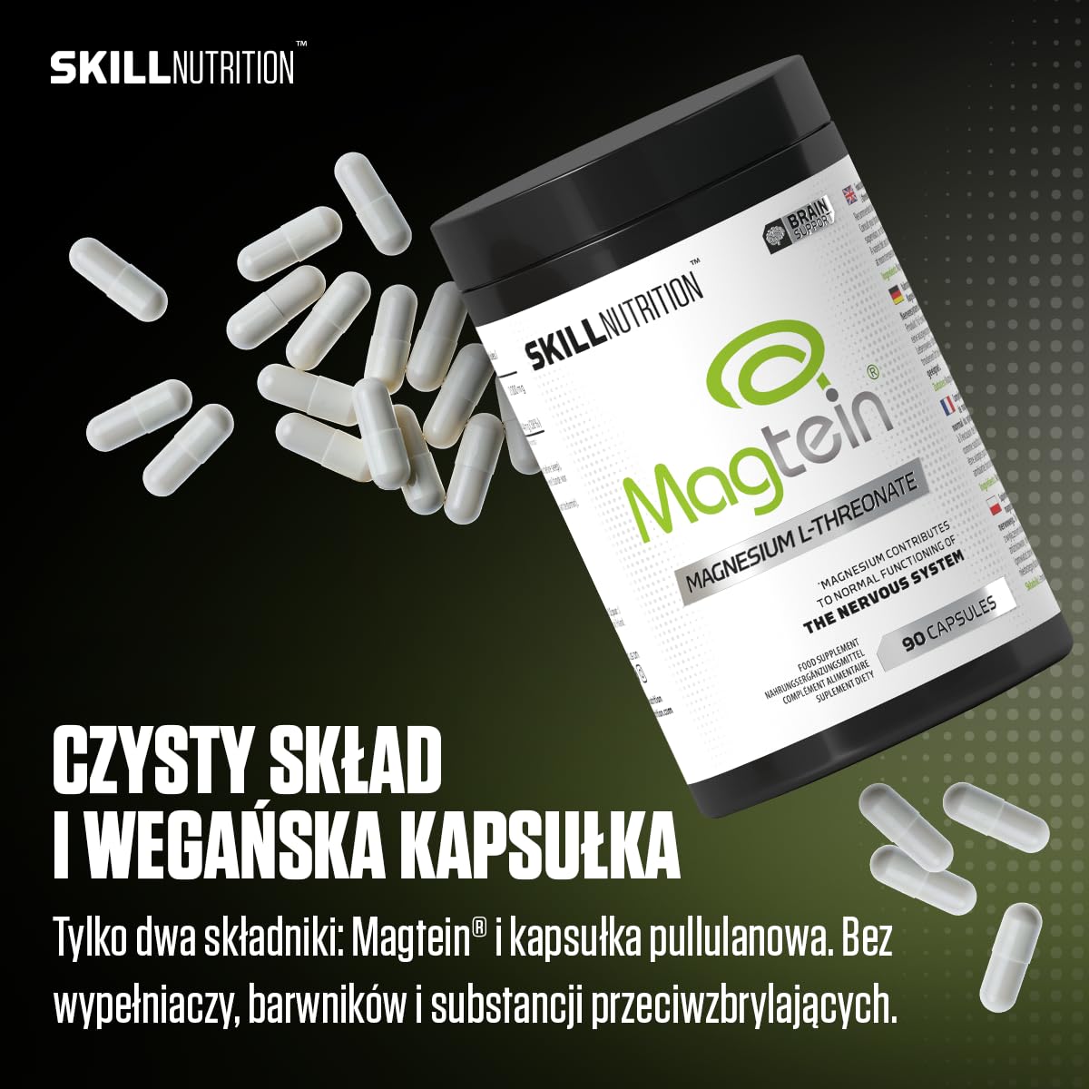 SKILL Nutrition Magtein® Magnez L-Treonian | 180 kapsułek | Klinicznie przebadana, wysoko biodostępna formuła | Wspiera koncentrację, pamięć i funkcje poznawcze | Mięśnie i elektrolity | Wegański