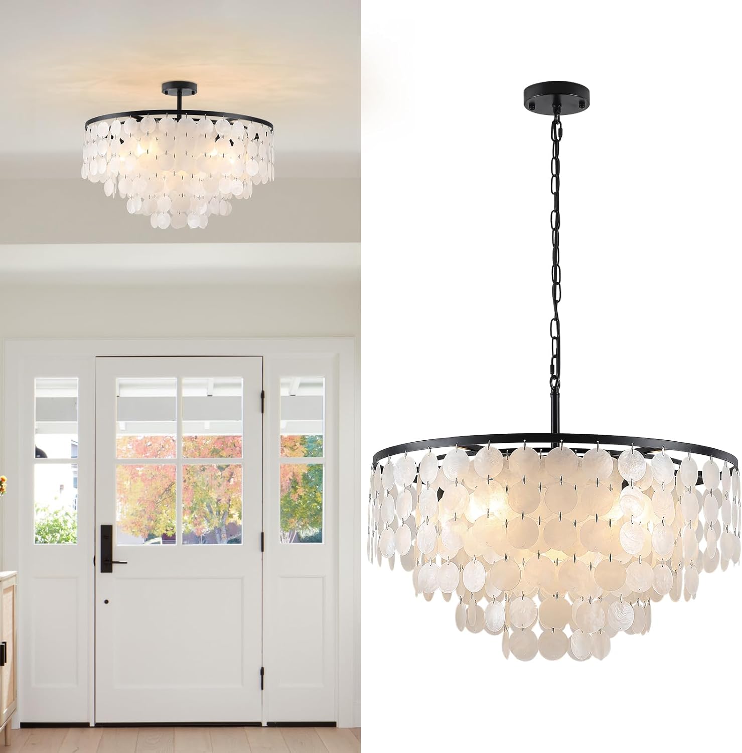 24.21" Capiz Shell Chandelier, 6 Light Natural Shell Ceiling Hanging Light Fixtures, Modern Coastal Chandeliers for Living Room Bedroom Bathroom Kitchen Foyer, Black