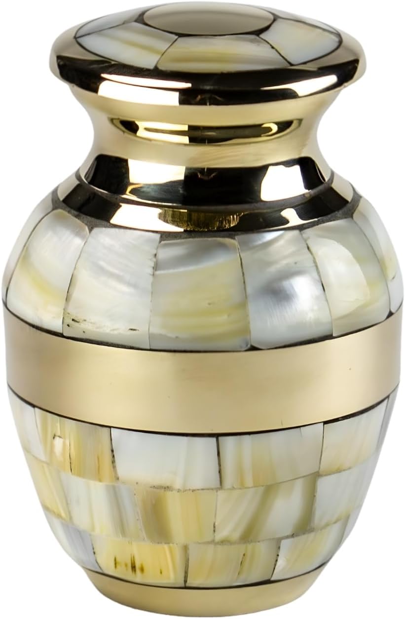 Mother of Pearl Double Band Brass Keepsake Cremation Urn for Ashes, Brass, Gold Urn, Keepsake Sized Cremation Urn, 3 Inches High