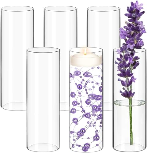 6 Pack Glass Cylinder Vases for Flower 12 Inch Tall Clear Centerpieces Bulk Vase Hurricane Floating Candle Holder for Table Home Decor Floral Shelf Party Dining Wedding Holiday Decoration