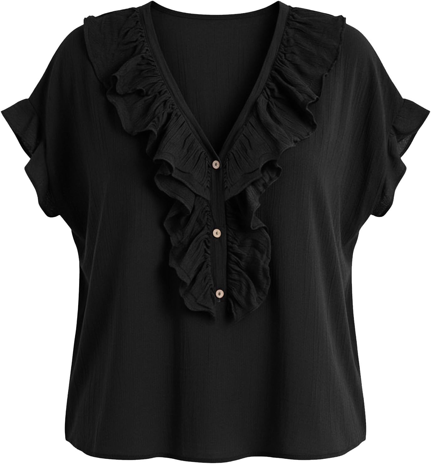 Linen Shirts for Women Ruffle Trim V Neck Top Boho Short Sleeve Summer Blouse Cotton Casual Blouses with Buttons