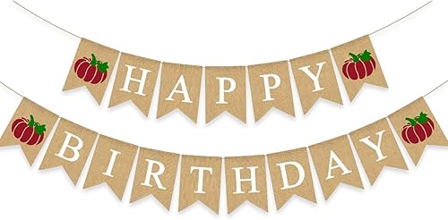 Miniatura 6 de Cartel de arpillera de cumpleaños de calabaza, decoración de fiesta de Acción de Gracias, tema de otoño, suministros de cumpleaños, color blanco