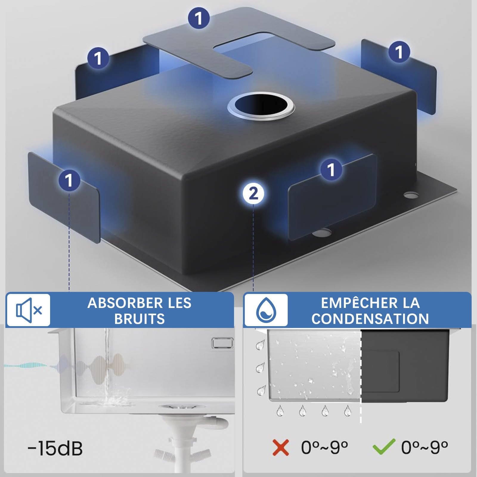 Évier de cuisine en acier inoxydable avec robinet extensible pour montage en saillie et à ras de surface, brossé