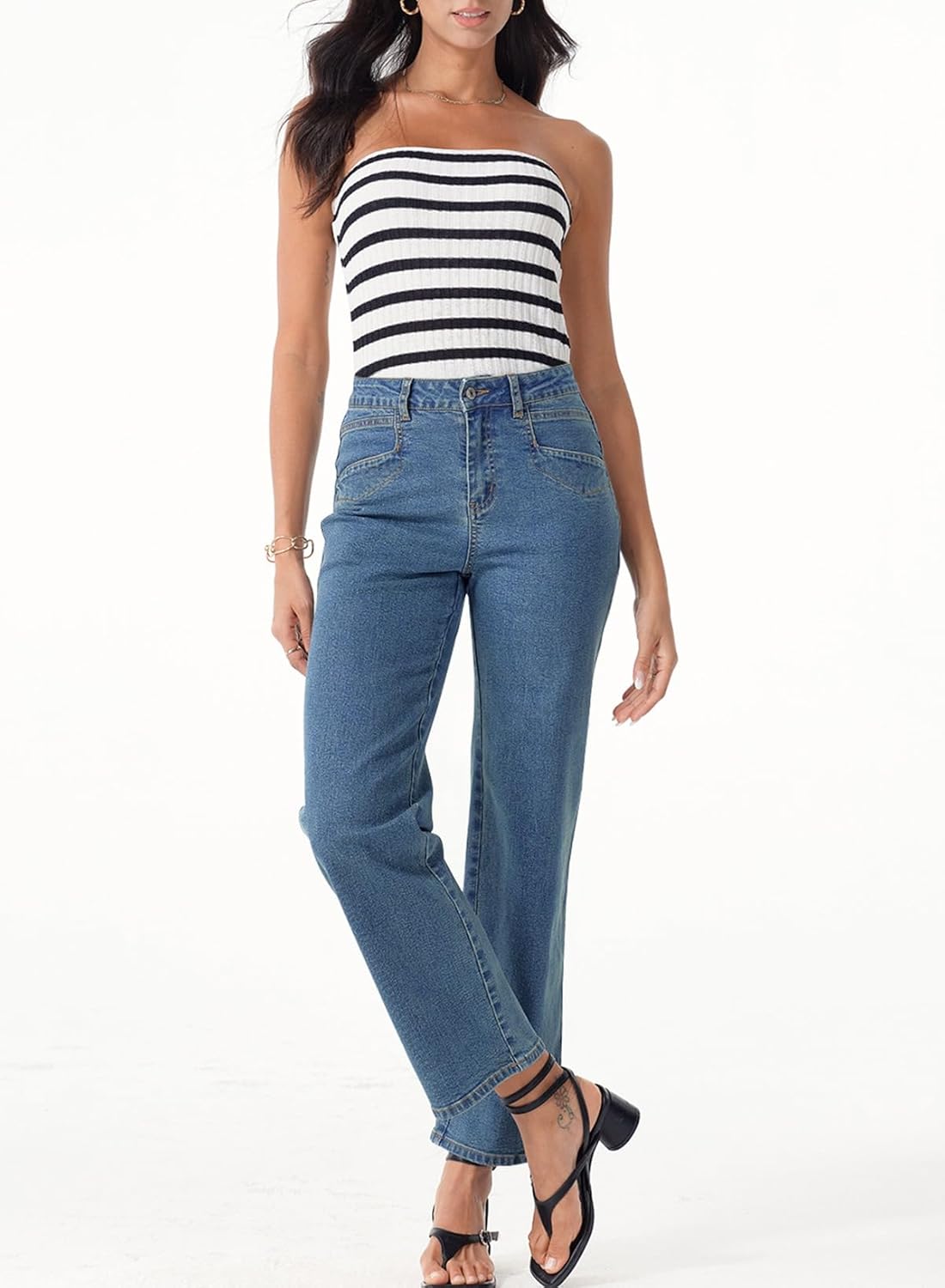 Sidefeel Women's Straight Leg Jeans High Waisted Petite Stretchy Jeans Zimbaplatinum Wide Leg Ankle Denim Pants with Pockets - Image 4