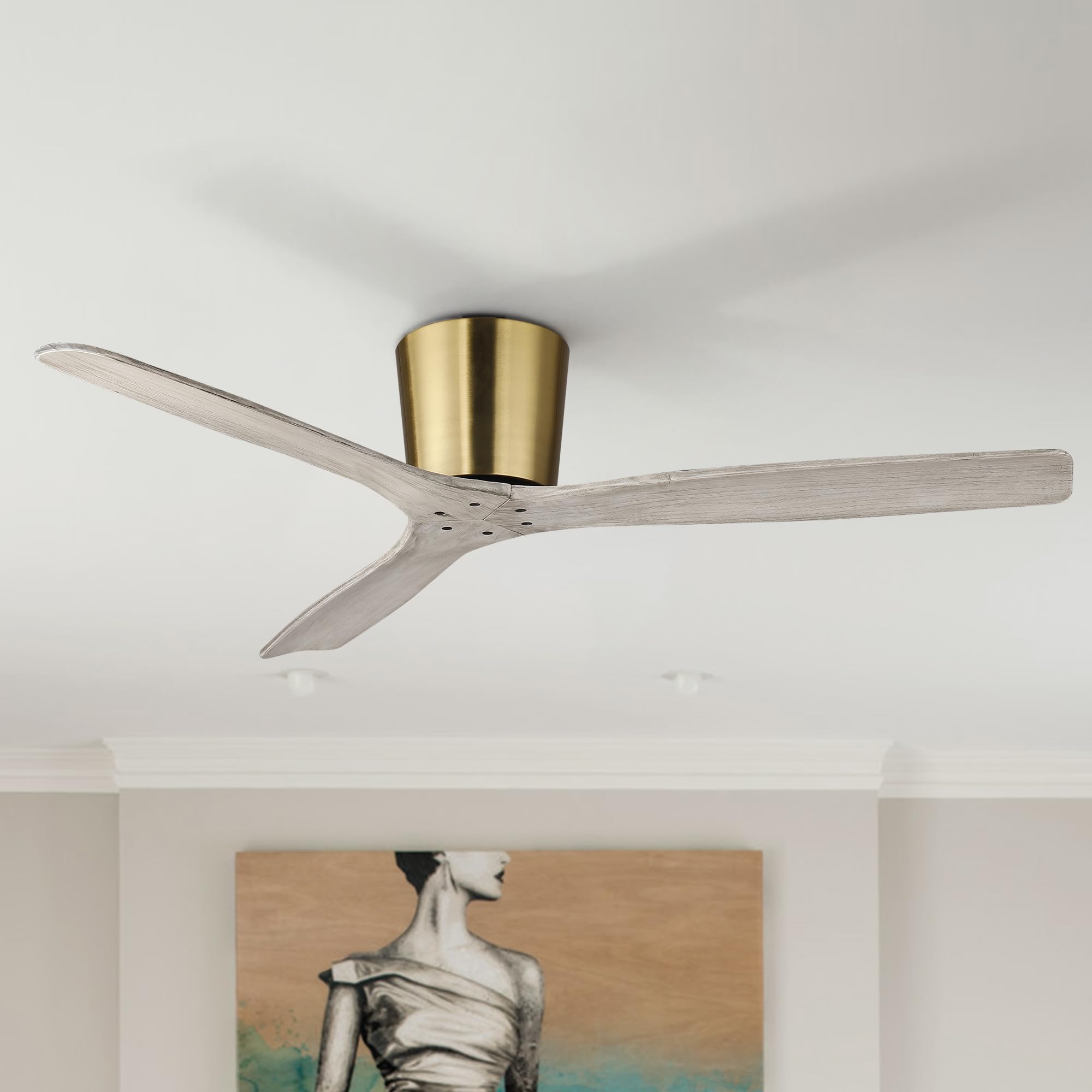 54” Modern Ceiling Fan with 3 Solid Wood Blades, Gold Plated Finish, Quiet Reversible DC Motor, Remote Control, Low-Profile Mount, 6 Speeds, Timer &amp; Memory Function, ETL Certified