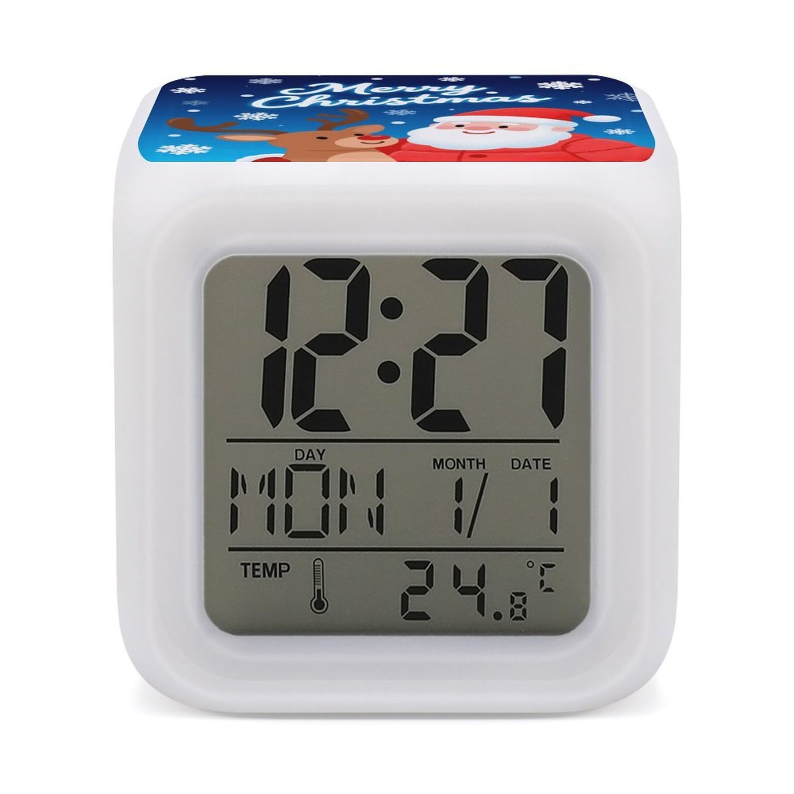 7 Color Ambient Night Light Cube Battery Operated Merry Christmas Snowflakes Digital Clock with Snooze Temperature LED Digital Alarm Clocks Dimmable Wake Up Light Portable Mood Lamp for Bedroom Desk G