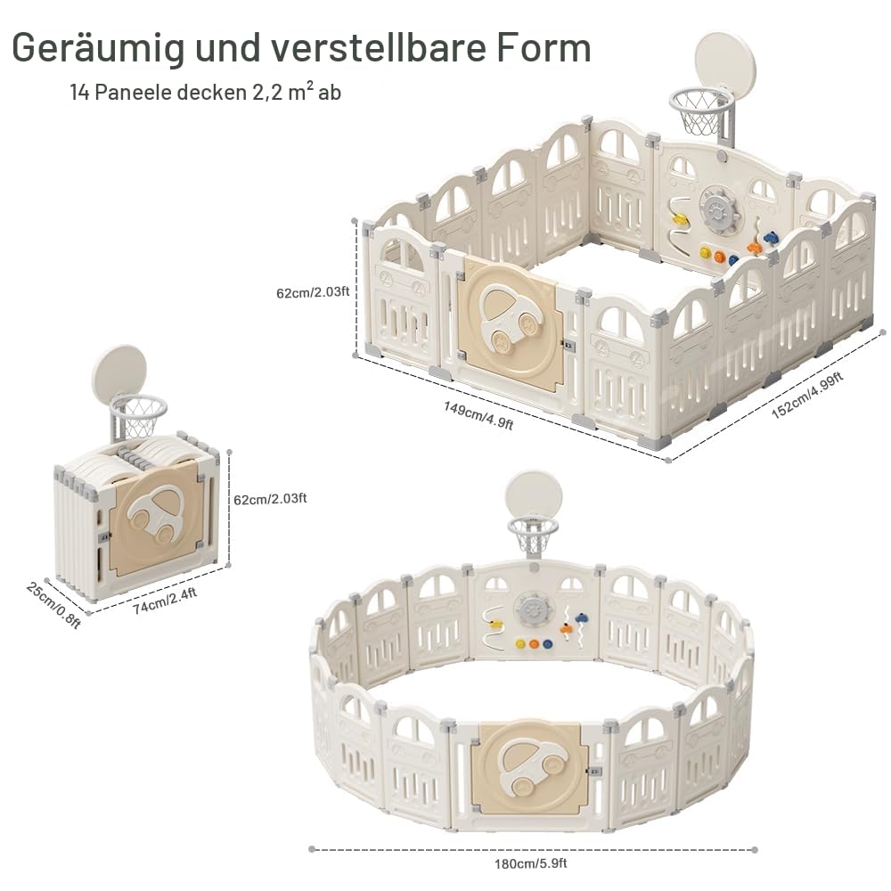 UBRAVOO Faltbarer Baby-Laufstall mit Mini-Basketballkorb und 50 farbigen Pit-Bällen, Auto-Laufstall für Babys und Kleinkinder, großes und lustiges Indoor-Aktivitätszentrum(14 Felder, Milchig-weiß)