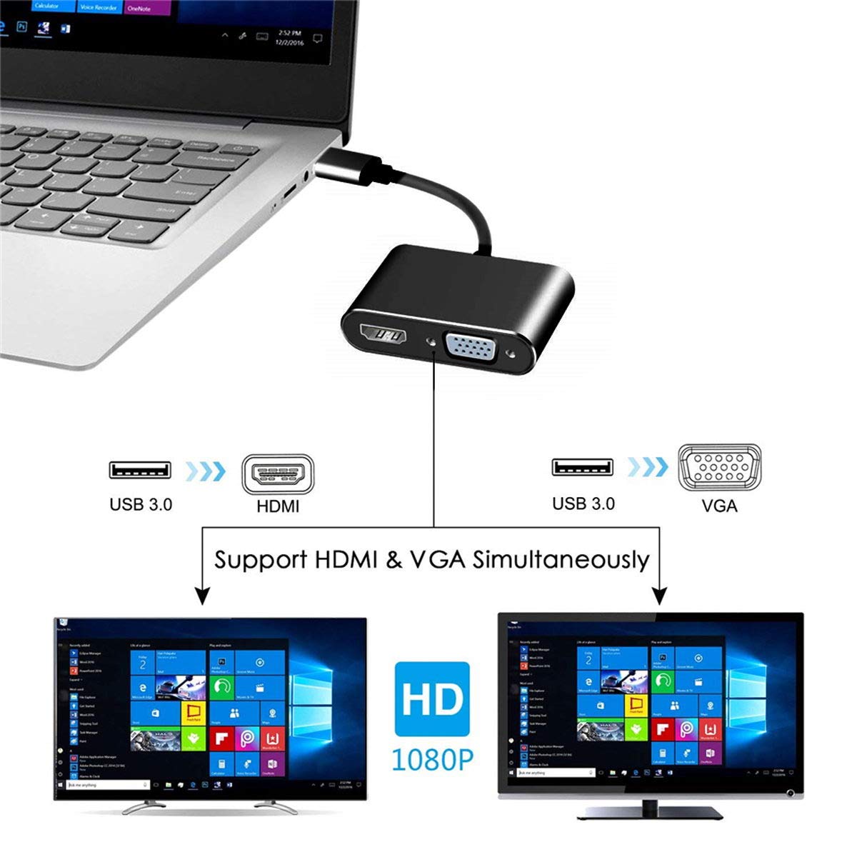 Cablecc Câble adaptateur USB 3.0 et 2.0 vers HDMI et VGA HDTV Carte graphique externe pour ordinateur portable Windows MacBook