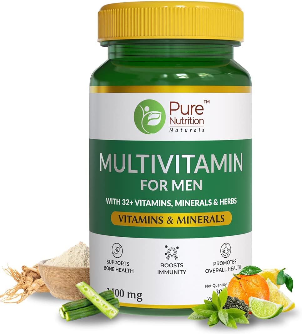 Pure Nutrition Multivitamin for Men with Biotin, Vit A, C, Iron, Alfa Alfa, Moringa, Ginseng, Fenugreek & Green Tea | Supports Immunity, Energy, Stamina, Bone & Overall Health | 30 Veg Tabs (Pack 3)