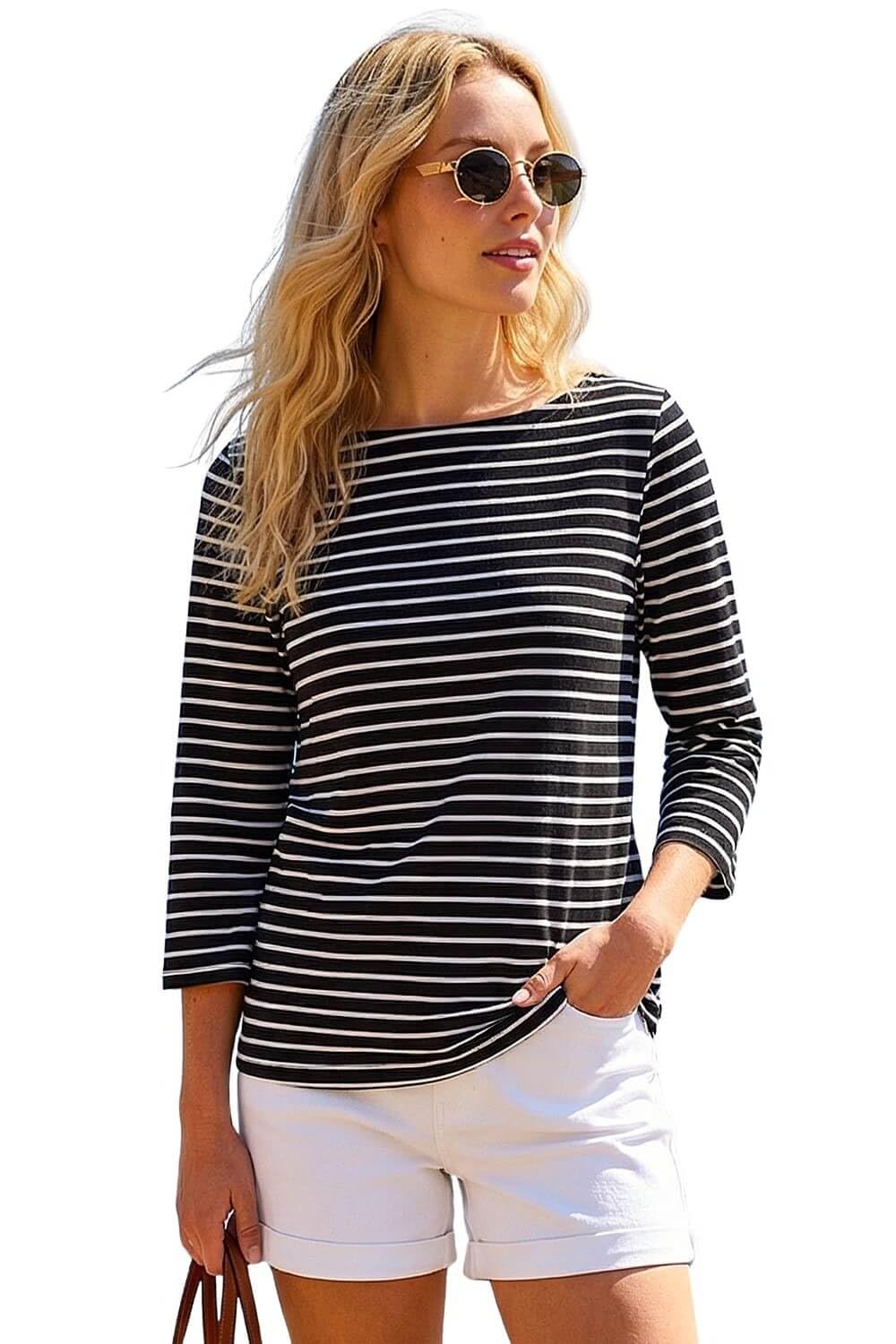 Roman Women's Black Stripe Print Boat Neck Top In Size 20