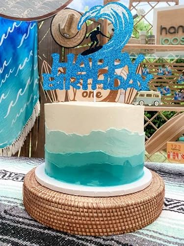 Hakpuotr Surfing Happy Birthday Cake Topper, Glitter Blue Surfing Birthday Cake Topper For Summer Hawaii Beach Surfing Themed Party Decorations #TOP2