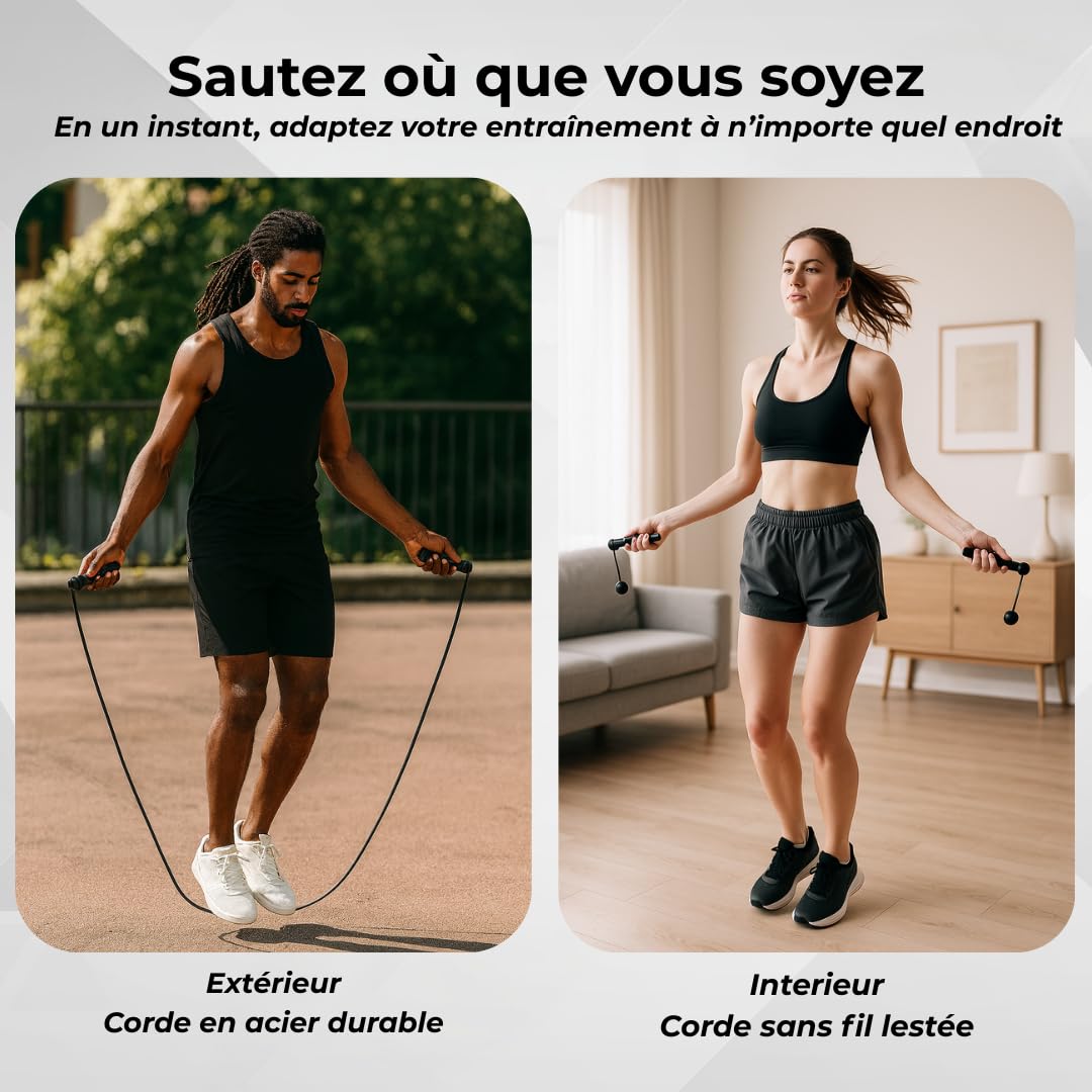 Corde à Sauter Connectée sans Fil avec Compteur Calories & Application – Rechargeable USB-C, Corde Fitness Réglable pour Entraînement Maison, Cardio, CrossFit, HIIT – Homme Femme Enfant