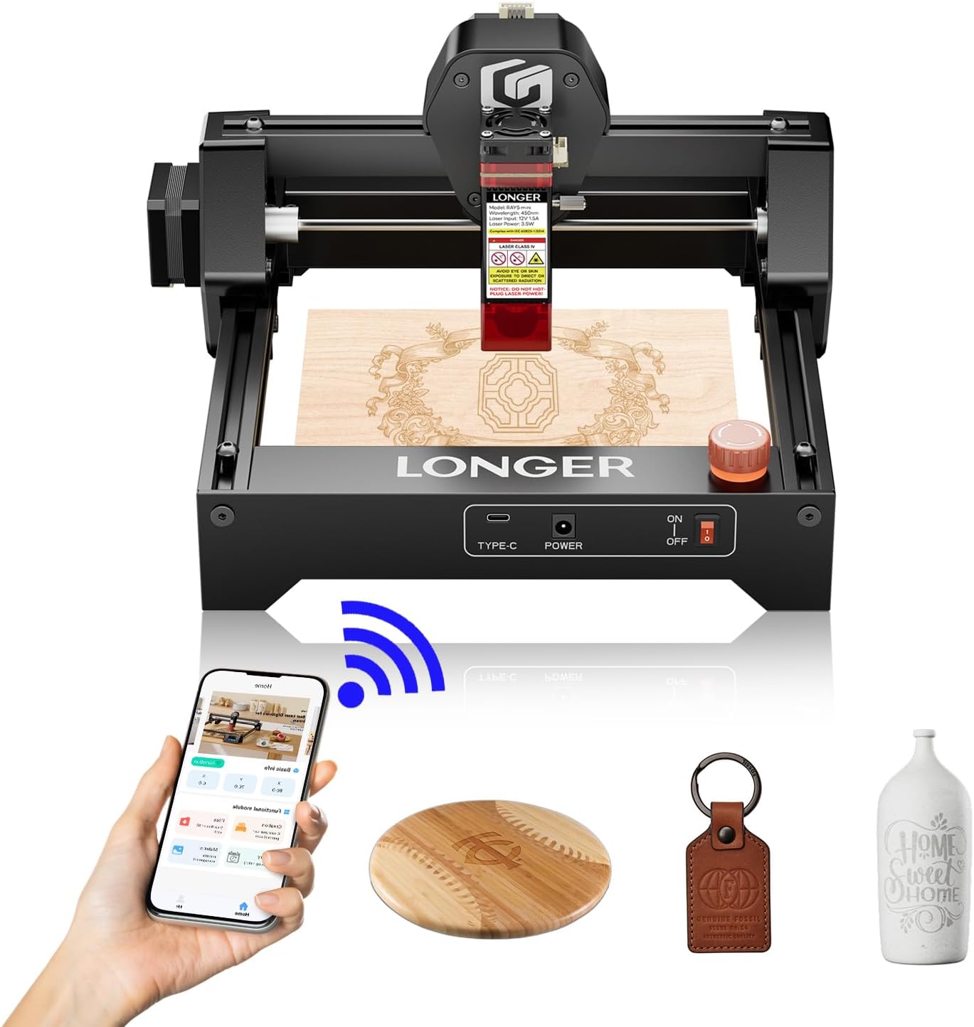Ray5 mini Laser Engraver, 12000mm/min High-Speed Cutter for Wood, Acrylic, Leather, DIY CNC, 140x130mm Engraving Area, WiFi, Emergency Stop Safety (2.5W)，Laser Class2