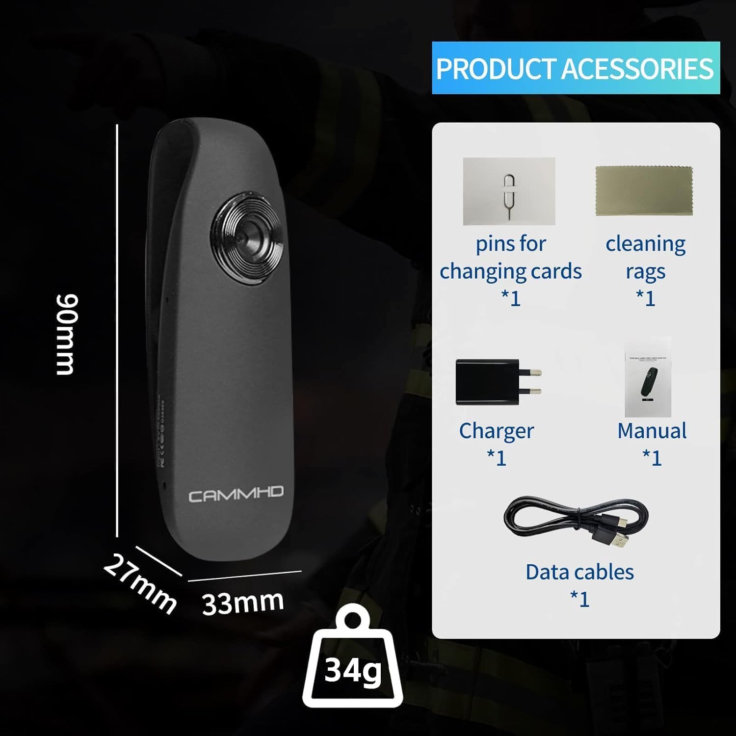 CAMMHD 1080P 32GB Körperkamera Full HD Portable Bodycam One-Key-Aufnahme Bewegungserkennung, 3-7 Stunden Aufnahme, Unterstützung OTG Verbindung (Maximale Unterstützung 512GB)