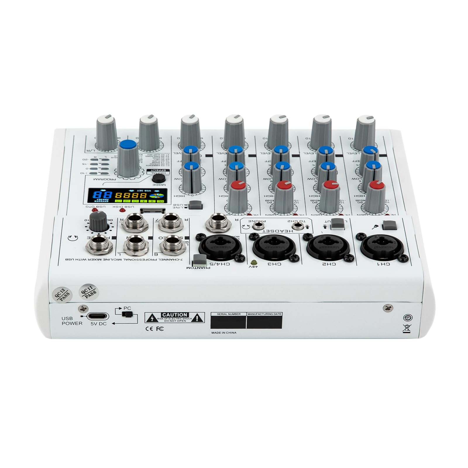 7 Kanal Mischpult, Audio Mixer mit 88 Digital-Effekte Farbdisplay Bluetooth-Kompatible Verbindung 7 Kanal Musik Mixer Studio Bluetooth Mini-Audio-DJ-Mixer