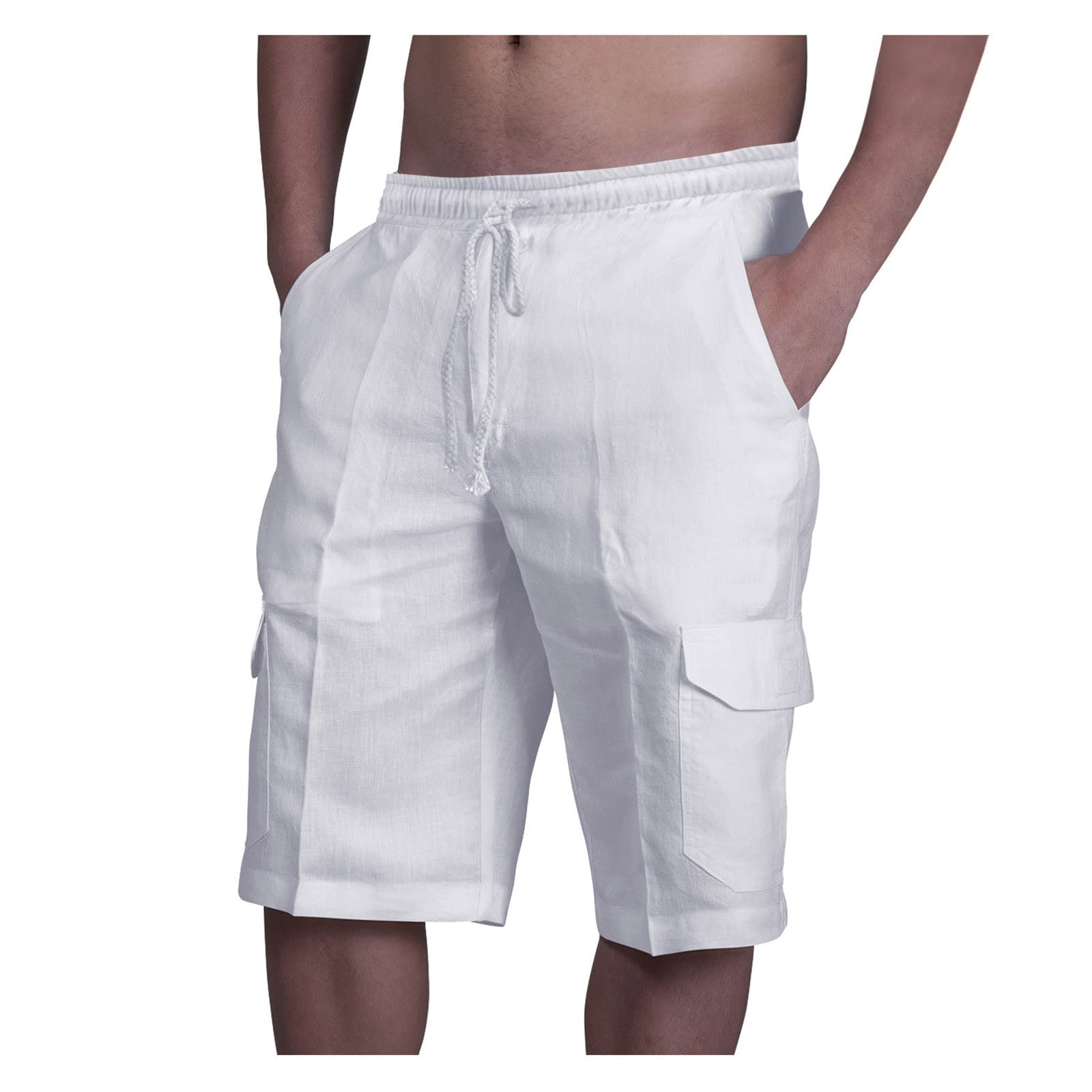 GenericMens Athletic Shorts Cotton Linen Shorts Multi Pocket Tether Fitness Exercise Beach Pants Active Shorts