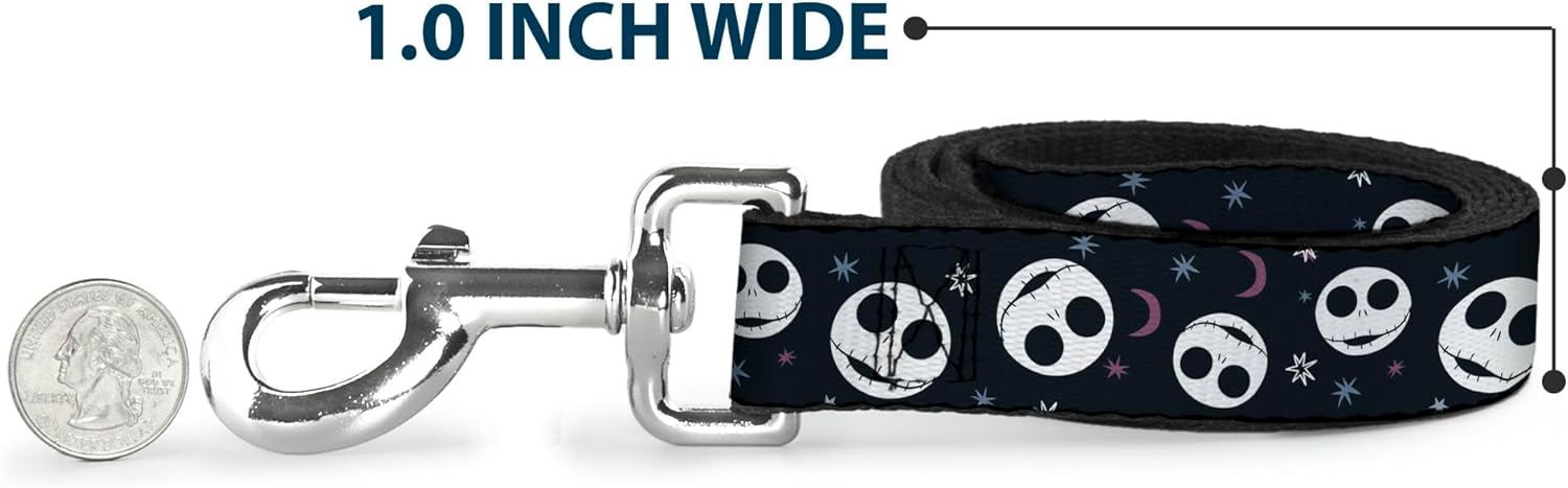 Disney Pet Leash, Dog Leash, Nightmare Before Christmas Smiling Jack Moon and Stars Black, 4 Feet Long 1.5 Inch Wide