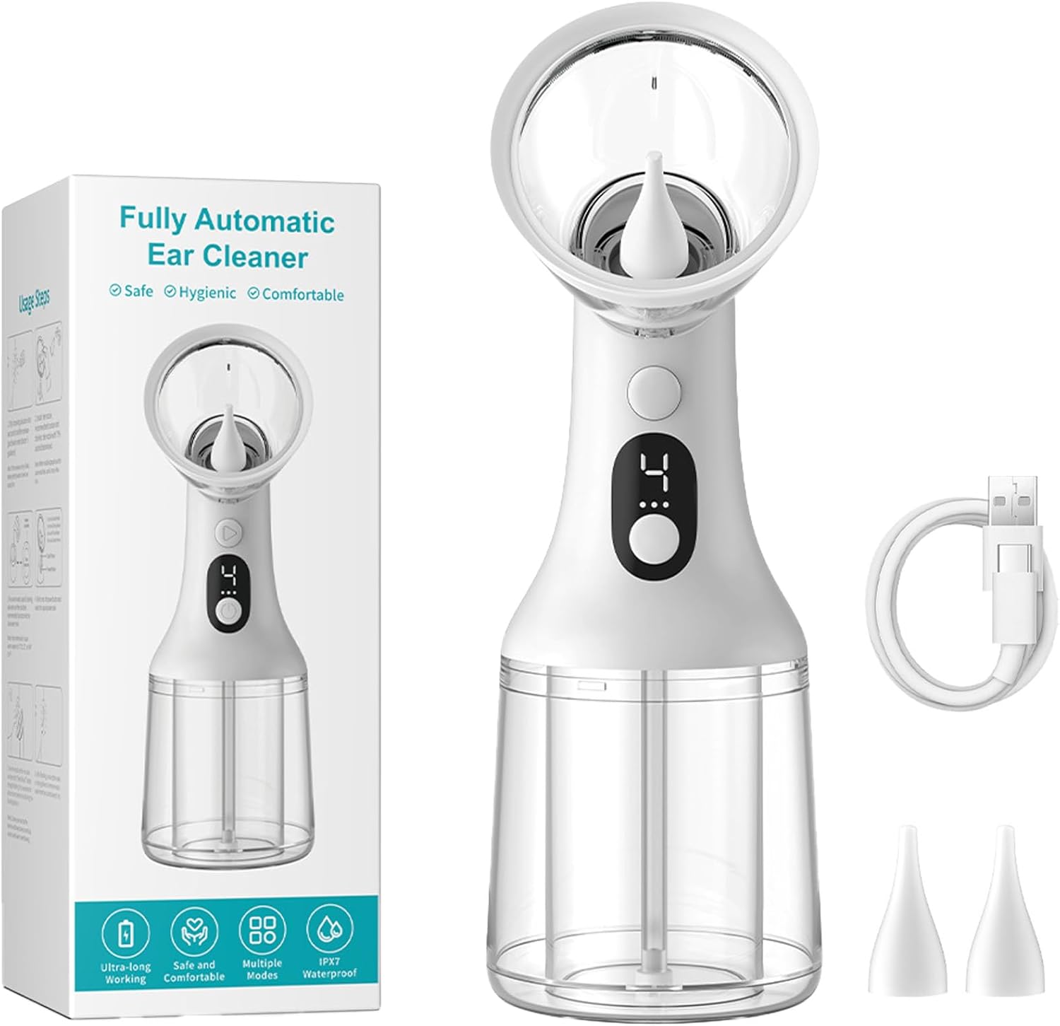 Sonease Automatic Ear Cleaner, Ear Cleaning Kit with 4 Pressure Modes, Piece Waste Tank, Safe Cleaner with Water Temperature Sensor, Ipx7, USB Charging, Long-Lasting Battery Life (White)