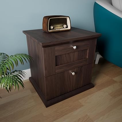 DF2H Bed | 1 Year Warranty | Bed-Side Table with Two Drawer, Taro - Engineered Wood | Stylist Nightstand - Walnut Colour