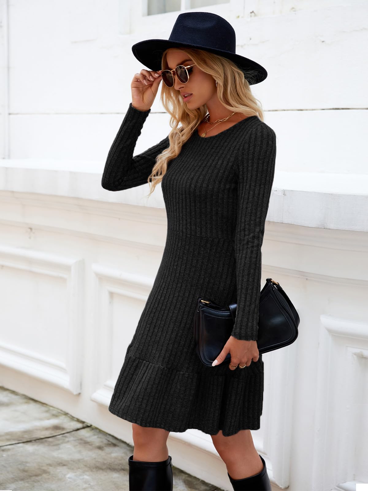 Zetieny Vestito Casual Donna Abito in Maglia a Maniche Lunghe con Scollo Rotondo Pullover Tinta Unita Autunno e Inverno