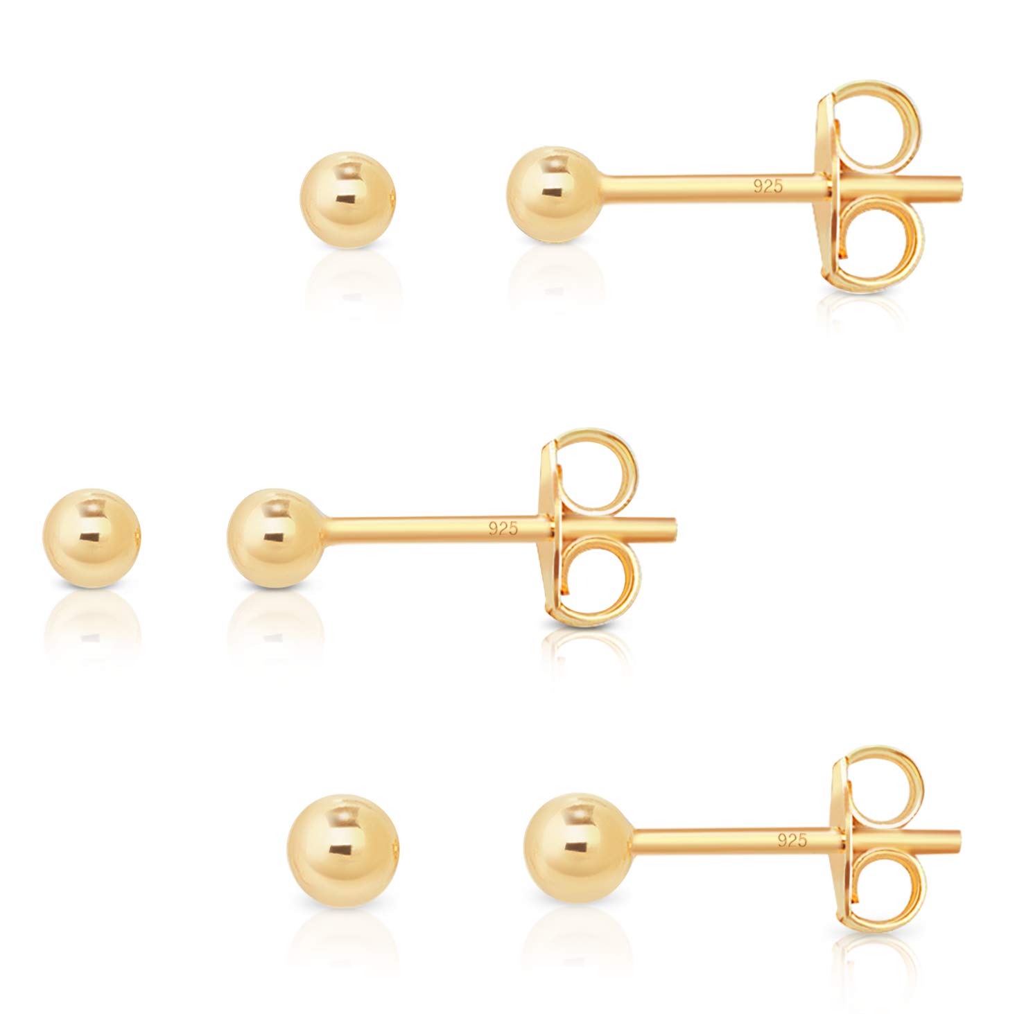 DTPsilver Pack de 4 Pendientes Bola Plata de Ley 925, Chapados Oro Rosa o Amarillo - Pendientes Bolitas Pequeñas - Pendientes Pequeños Mujer Bolas - Diámetro Bola 2, 3, 4 mm
